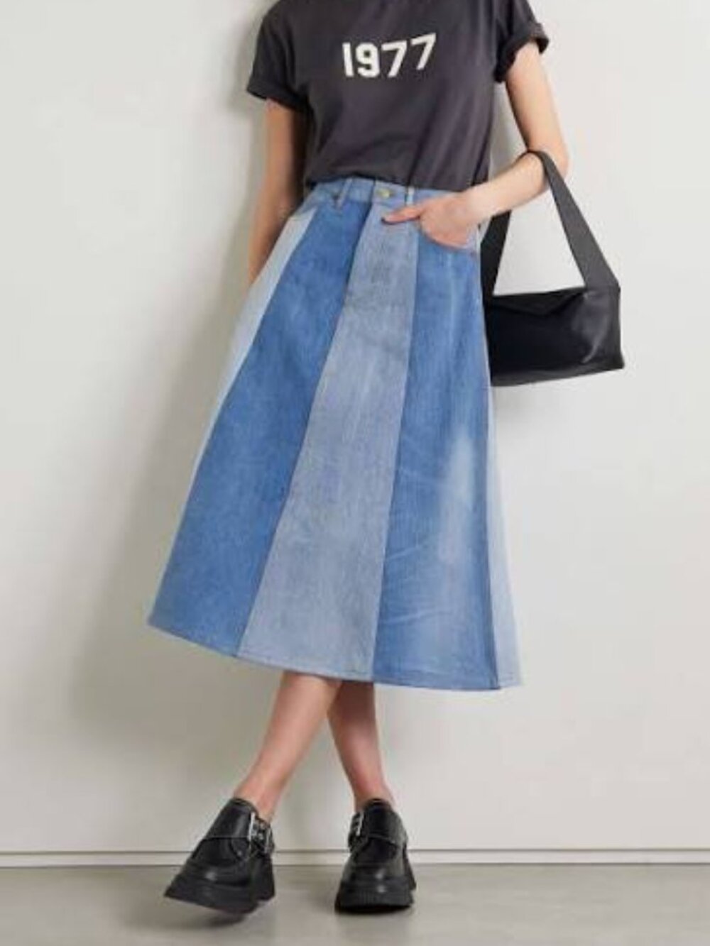 B SIDES "Simone" Patchwork Midi Denim Skirt